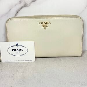 Prada Saffiano Cream Leather Zip Wallet Gold Hardware with Authenticity Card